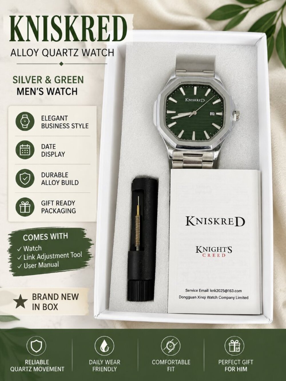 KNISKRED Men’s Silver Green Quartz Watch Date Display New in Box - Picture 1 of 5